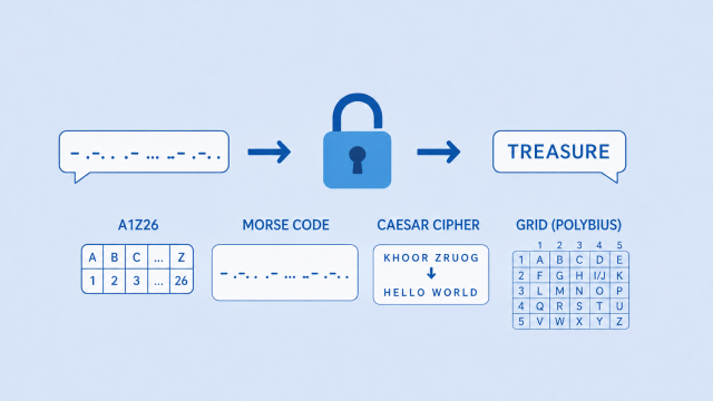 Coded message decoding tools: A1Z26, Morse code, Caesar cipher and Polybius square